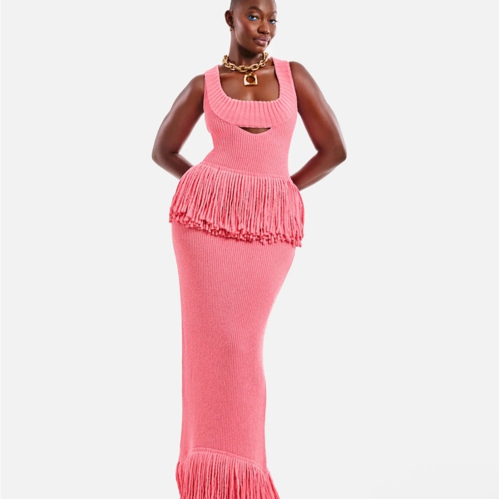 Hanifa Pink Knit Fringe Maxi Dress